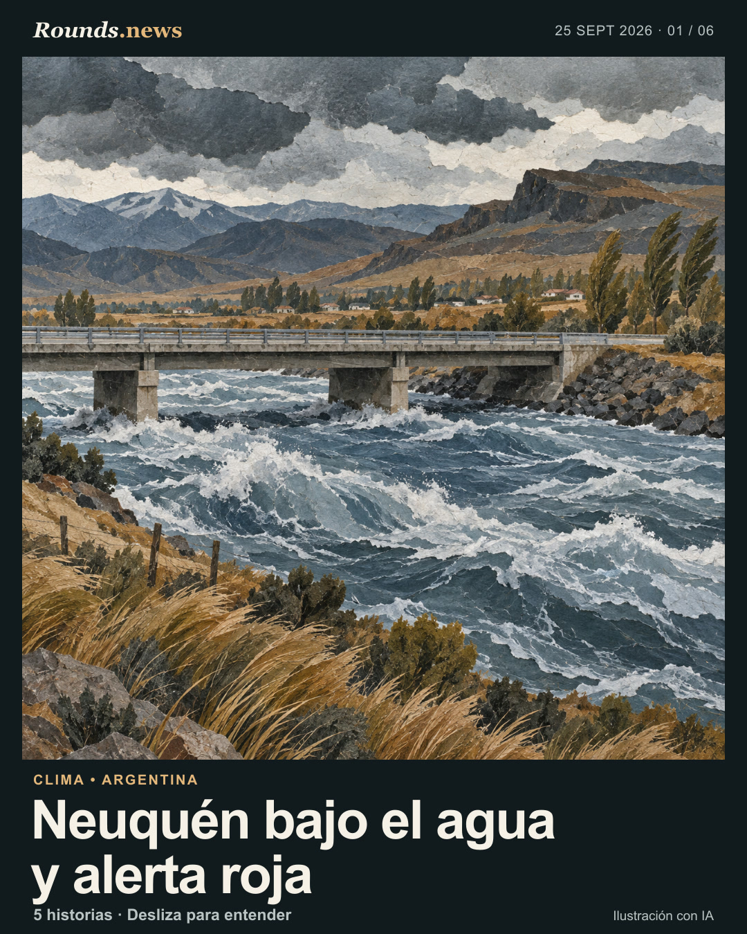 Tarjeta 1/6. Neuquén bajo el agua y alerta roja. Ilustración editorial: un río patagónico crecido golpea la ribera bajo una tormenta y corre bajo un puente vial junto a casas lejanas. Ilustración editorial con IA. Ilustración original generada con OpenAI Image Generation para Rounds.news.. Fuente: Clarín.