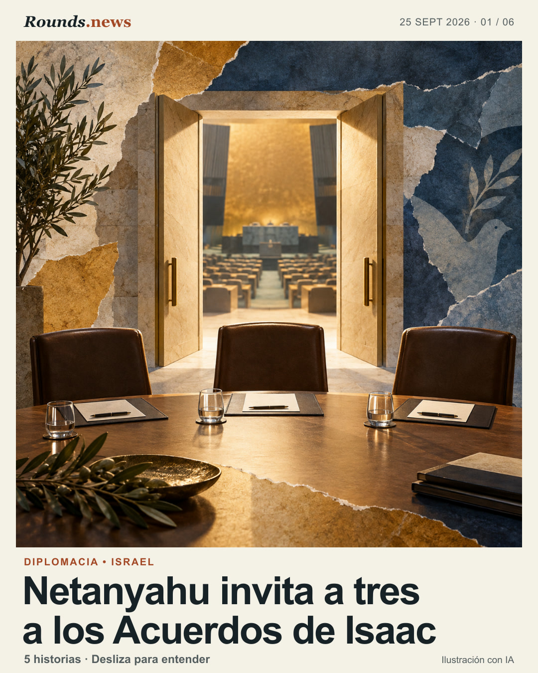 Tarjeta 1/6. Netanyahu invita a tres a los Acuerdos de Isaac. Ilustración conceptual generada con IA: mesa de conferencias con tres sillas vacías frente a una sala de asambleas iluminada; simboliza una invitación diplomática y no muestra la reunión real. Ilustración editorial con IA. Ilustración original generada con IA por OpenAI para Rounds.news.. Fuente: Infobae.