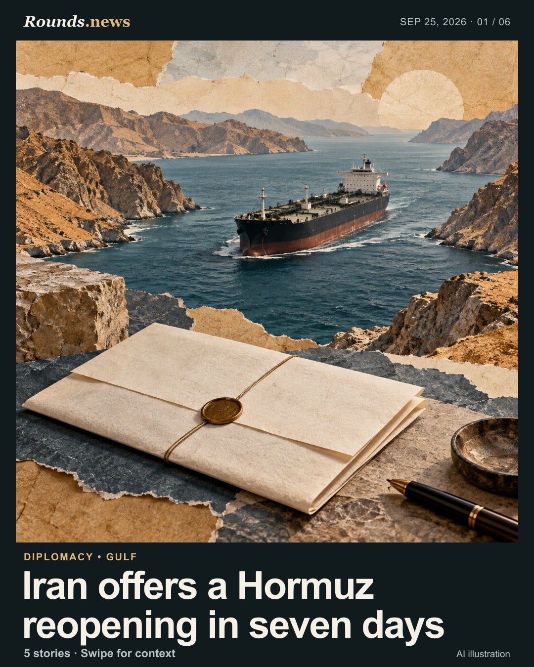 Card 1/6. Iran offers a Hormuz reopening in seven days. A cargo ship passes between arid rocky shores while an unmarked diplomatic envelope rests in the foreground; conceptual illustration of a conditional proposal. AI editorial illustration. OpenAI for Rounds.news. Source: CNBC.