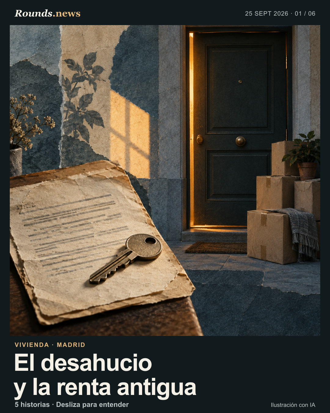 Tarjeta 1/6. El desahucio y la renta antigua. Ilustración simbólica de una llave sobre un contrato sin texto legible, cajas de mudanza y una puerta cerrada. Ilustración editorial con IA. OpenAI for Rounds.news. Fuente: El Confidencial.