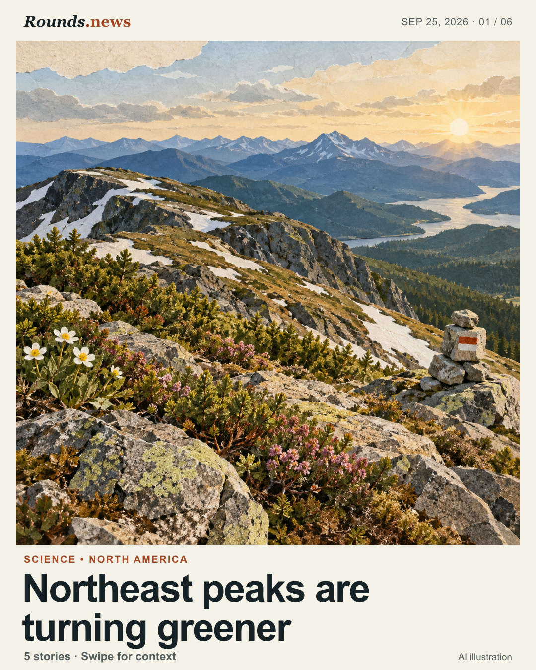 Card 1/6. Northeast peaks are turning greener. Editorial illustration of an alpine ridge above the tree line, with rock, patchy snow, small wildflowers, shrubs and distant mountain layers under warm light. AI editorial illustration. OpenAI for Rounds.news. Source: Phys.org.