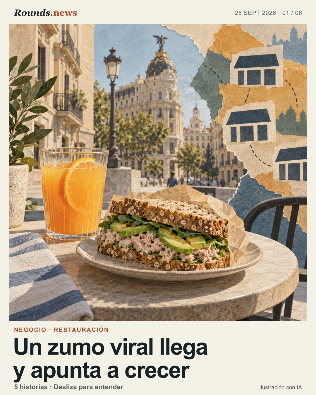 Tarjeta 1/6. Un zumo viral llega y apunta a crecer. Bocadillo de atún y vaso de zumo cítrico ante una calle de arquitectura madrileña; collage conceptual de una apertura hostelera. Ilustración editorial con IA. OpenAI para Rounds.news. Fuente: Infobae.