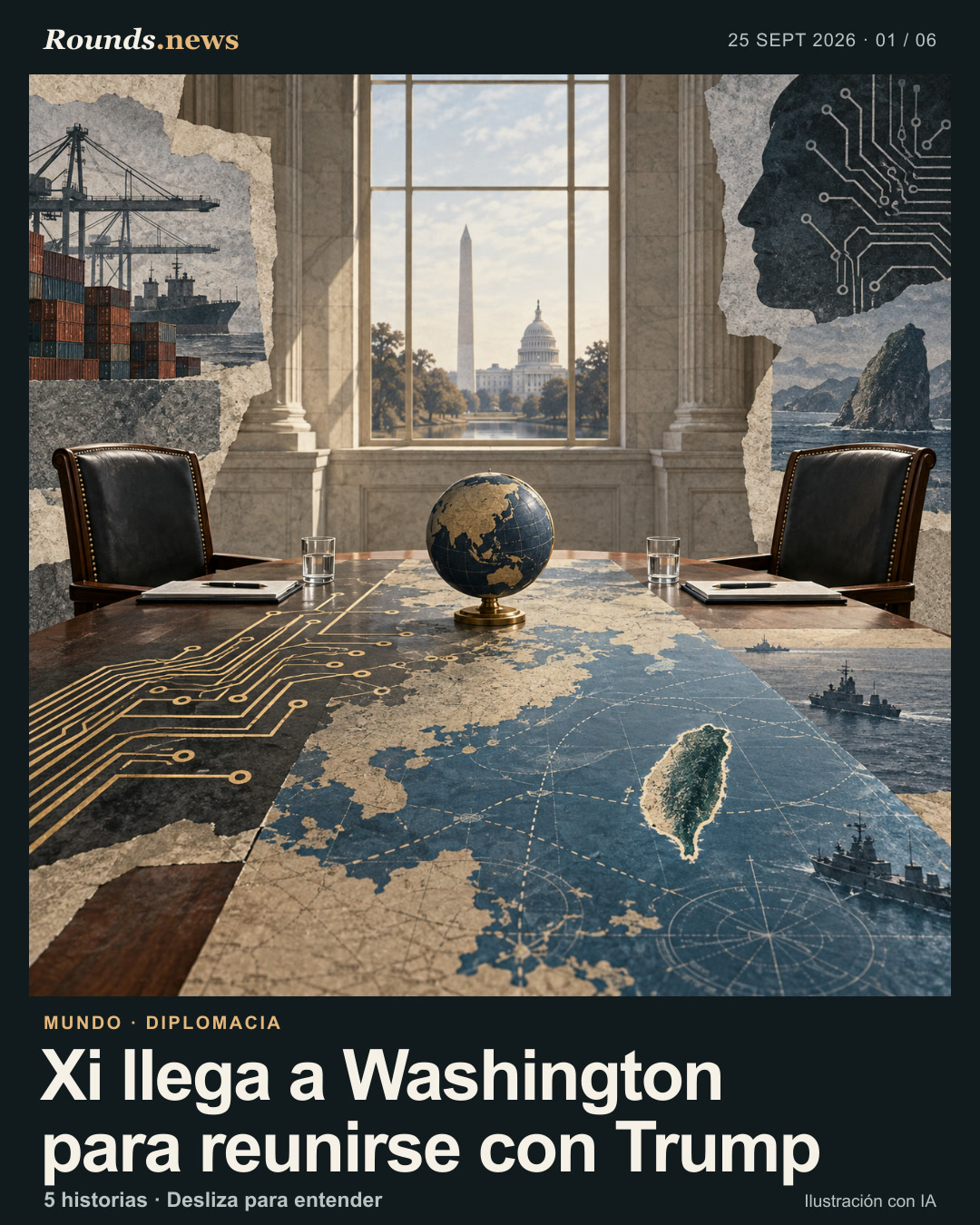 Tarjeta 1/6. Xi llega a Washington para reunirse con Trump. Dos sillas vacías rodean una mesa con un globo y un mapa marítimo; al fondo se ve una silueta arquitectónica de Washington y aparecen rutas comerciales y circuitos abstractos. Ilustración editorial con IA. OpenAI para Rounds.news. Fuente: France 24 Español.