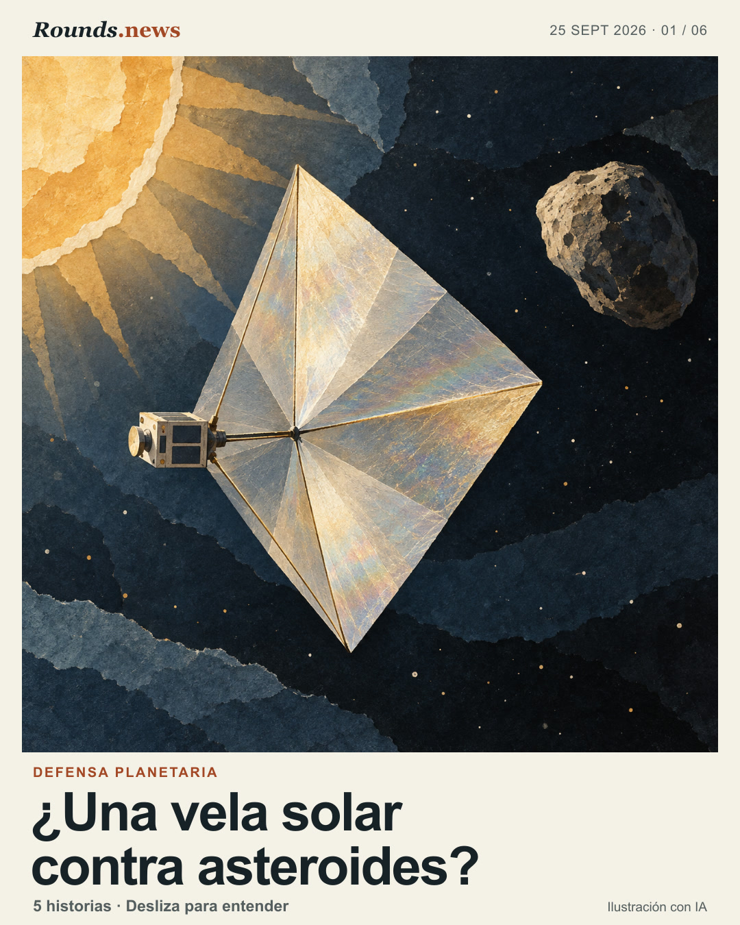 Tarjeta 1/6. ¿Una vela solar contra asteroides?. Ilustración conceptual de una vela solar difractiva junto a una pequeña nave y un asteroide rocoso distante, sobre un fondo azul oscuro; no es un diagrama ni una misión real. Ilustración editorial con IA. OpenAI for Rounds.news. Fuente: El Confidencial Tecnología.