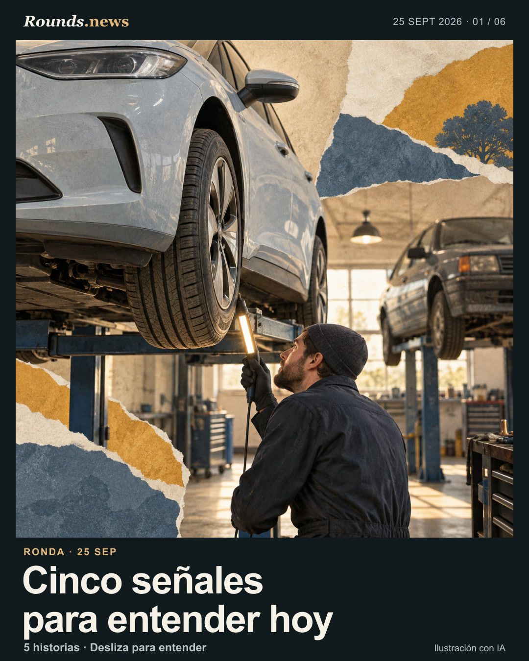 Tarjeta 1/6. Cinco señales para entender hoy. Un mecánico revisa el neumático de un coche eléctrico elevado en un taller. Ilustración editorial con IA. OpenAI for Rounds.news. Fuente: El Confidencial Tecnología.