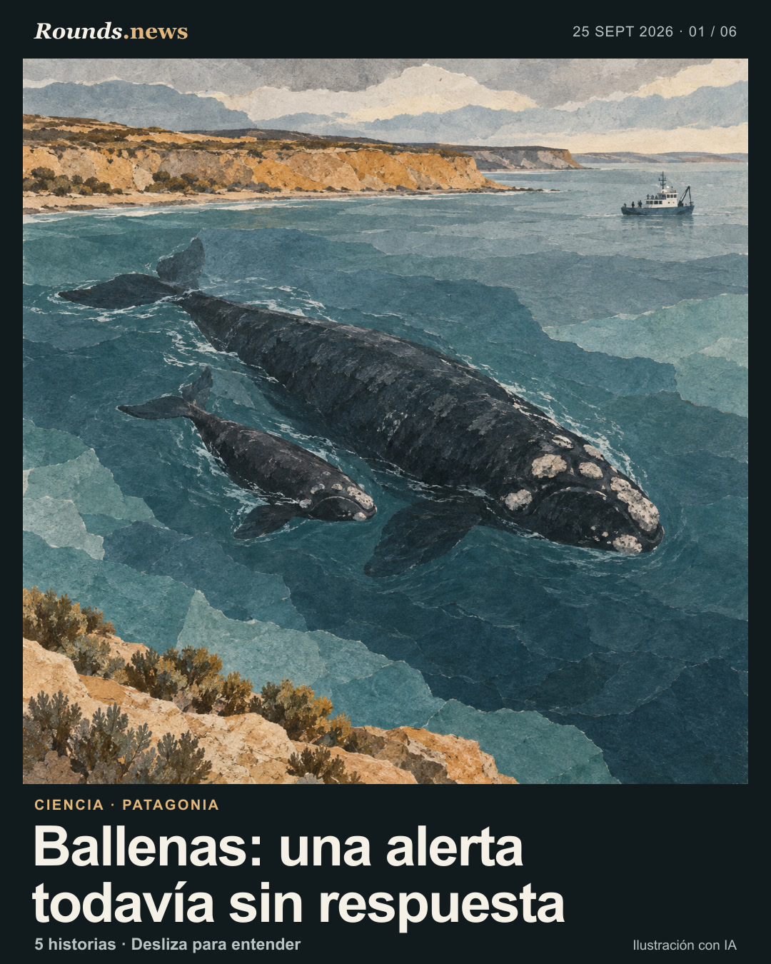 Tarjeta 1/6. Ballenas: una alerta todavía sin respuesta. Ilustración editorial de una ballena franca austral adulta y su cría nadando frente a una costa patagónica ocre, con un pequeño barco de investigación al fondo. Ilustración editorial con IA. OpenAI for Rounds.news. Fuente: Euronews.