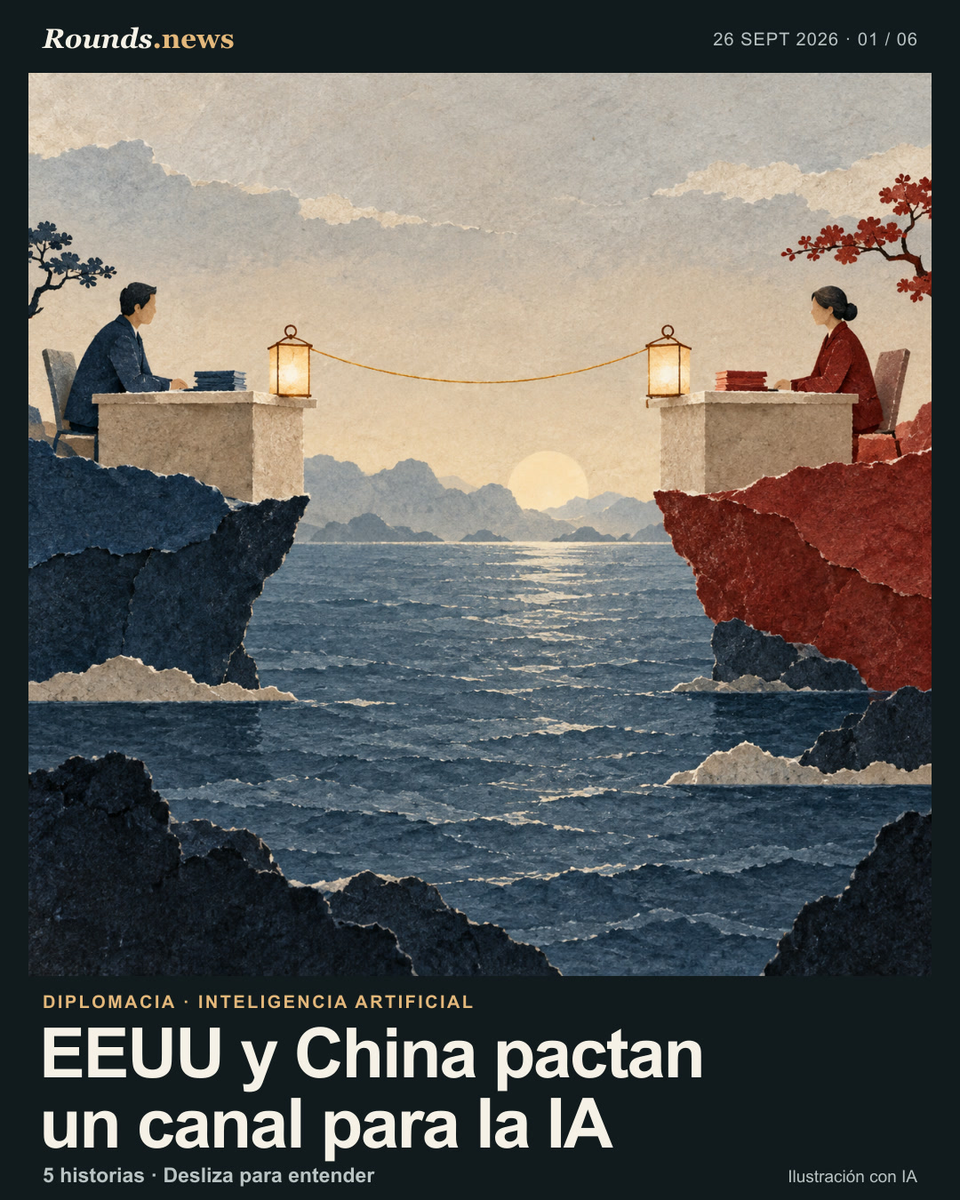 Tarjeta 1/6. EEUU y China pactan un canal para la IA. Ilustración conceptual de dos escritorios enfrentados sobre un mar, conectados por una fina línea entre dos faroles; simboliza un canal de comunicación acordado, no una cumbre real. Ilustración editorial con IA. Ilustración generada con OpenAI ImageGen. Fuente: Clarín.