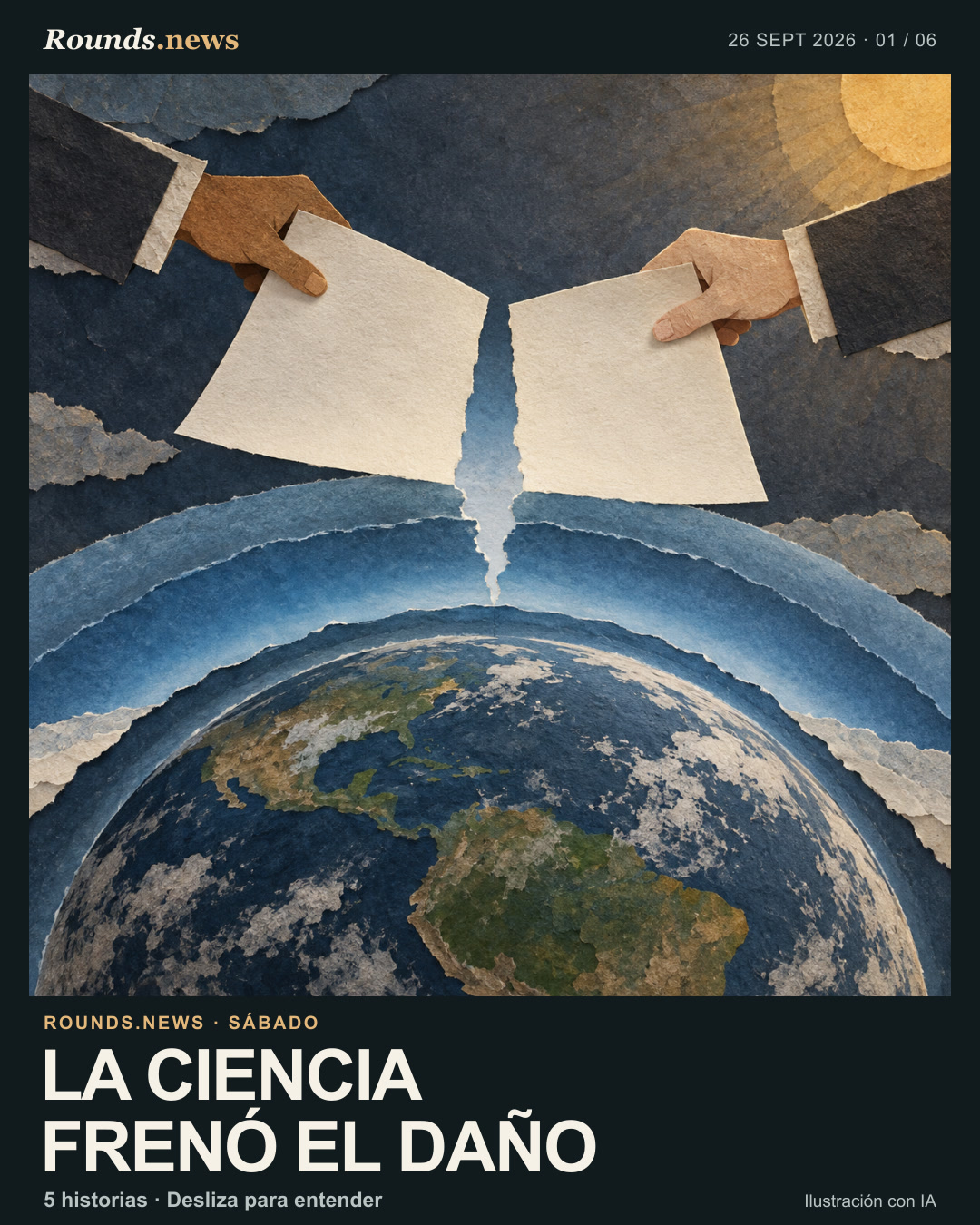 Tarjeta 1/6. LA CIENCIA FRENÓ EL DAÑO. Dos manos intercambian hojas en blanco sobre una atmósfera azul en capas. Ilustración editorial con IA. Rounds.news illustration. Fuente: Xataka.