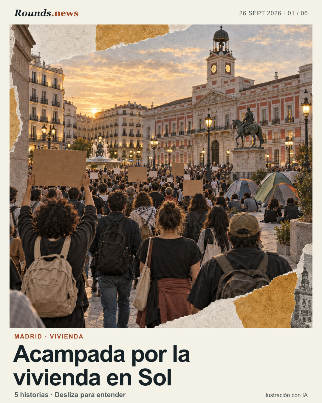 Tarjeta 1/6. Acampada por la vivienda en Sol. Una multitud vuelve a una plaza histórica de Madrid con varias tiendas y pancartas en blanco. Ilustración editorial con IA. Rounds.news illustration. Fuente: El País.
