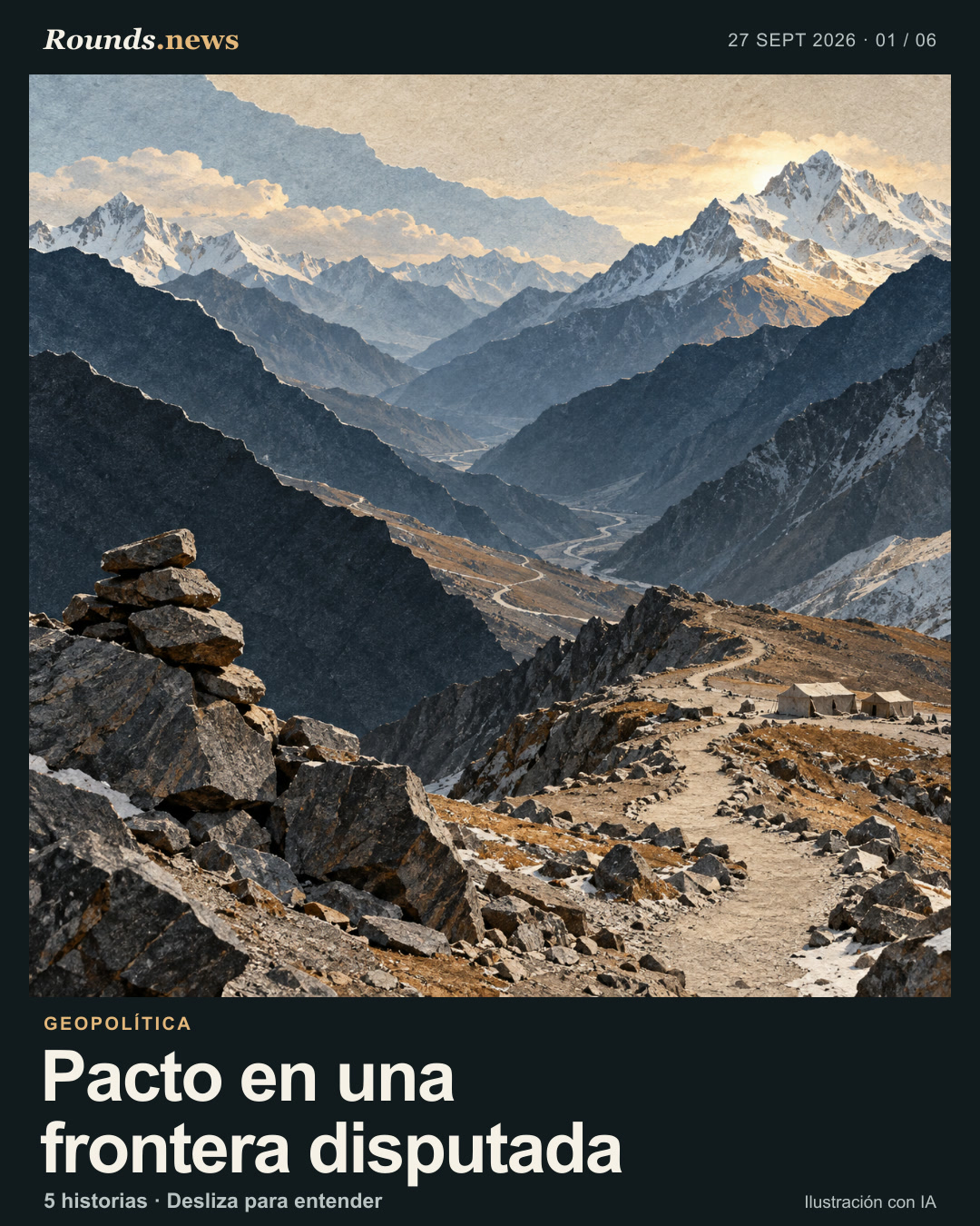Tarjeta 1/6. Pacto en una frontera disputada. Cordillera del Himalaya en capas de papel azul grisáceo, con un paso remoto y un sendero que atraviesa el valle. Ilustración editorial con IA. Ilustración de Rounds.news. Fuente: BBC Mundo.