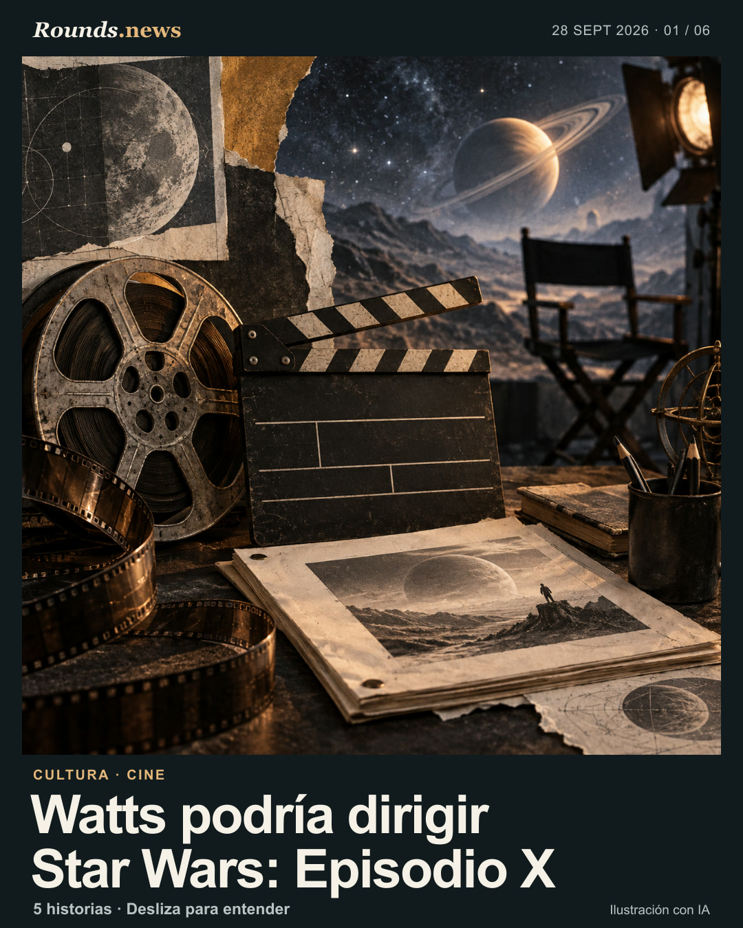 Tarjeta 1/6. Watts podría dirigir Star Wars: Episodio X. Carrete de película y claqueta vacía sobre una mesa, ante un paisaje espacial abstracto; una silla de director aparece vacía. Ilustración editorial con IA. Rounds.news, ilustración generada con IA. Fuente: Hipertextual.