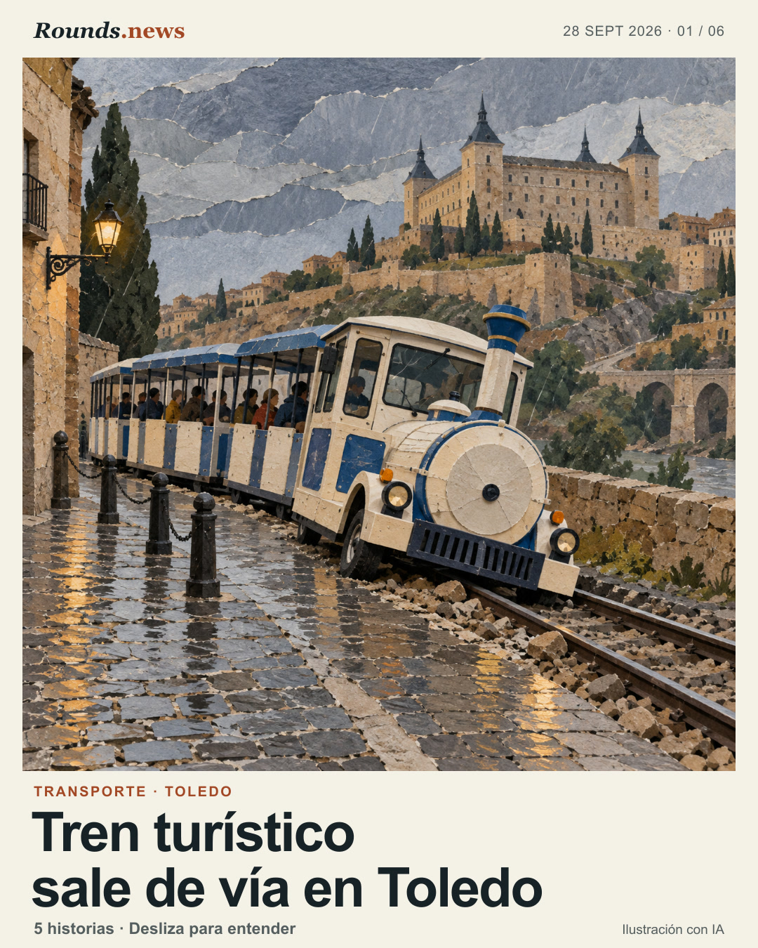 Tarjeta 1/6. Tren turístico sale de vía en Toledo. Un tren turístico detenido fuera de los rieles en una calle adoquinada mojada; una fortaleza de piedra se alza al fondo. Ilustración editorial con IA. Rounds.news, ilustración generada con IA. Fuente: El Confidencial.