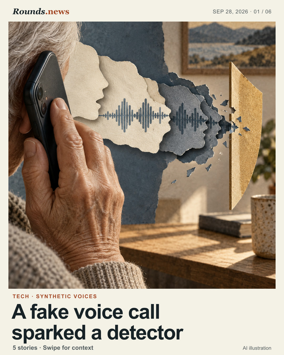 Card 1/6. A fake voice call sparked a detector. An older hand holds a phone beside a layered paper sound wave that fractures into a false echo. AI editorial illustration. Rounds.news, AI-generated illustration. Source: TechCrunch.