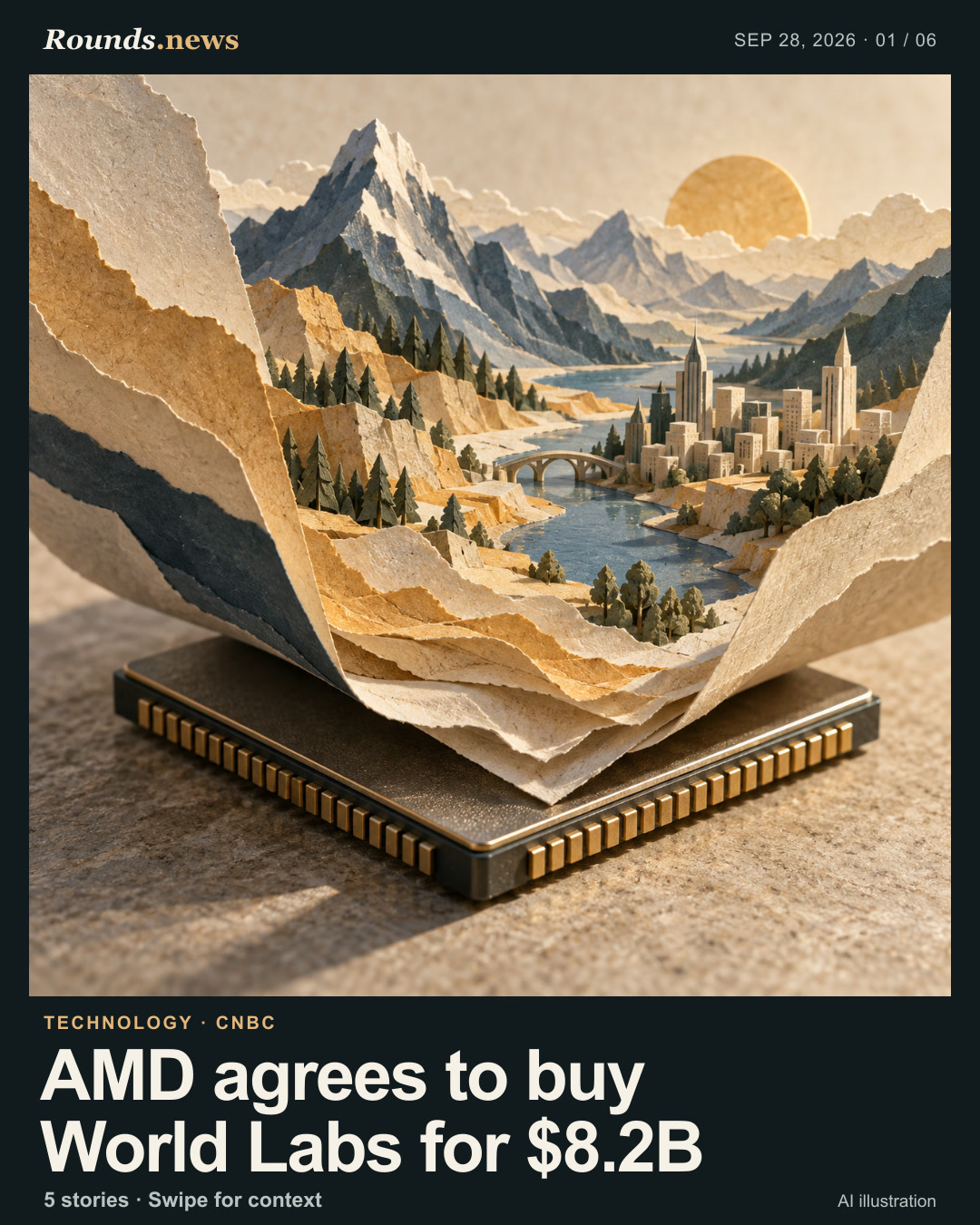 Card 1/6. AMD agrees to buy World Labs for $8.2B. Folded paper mountains, river and miniature city rise from a plain semiconductor tile; conceptual metaphor for computing and simulated 3D worlds. AI editorial illustration. Original AI editorial illustration for Rounds.news. Source: CNBC.