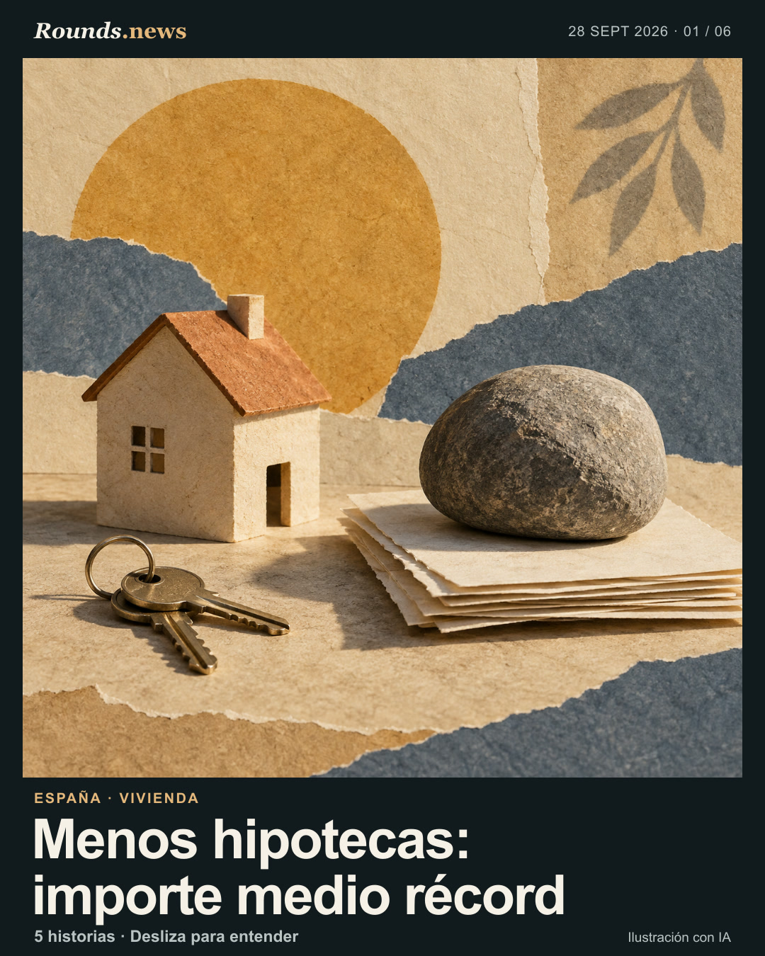 Tarjeta 1/6. Menos hipotecas: importe medio récord. Collage de una casa de maqueta, llaves, papeles de préstamo sin texto y una piedra grande, sobre capas de papel ocre y azul grisáceo. Ilustración editorial con IA. Ilustración editorial original de Rounds.news. Fuente: ABC.