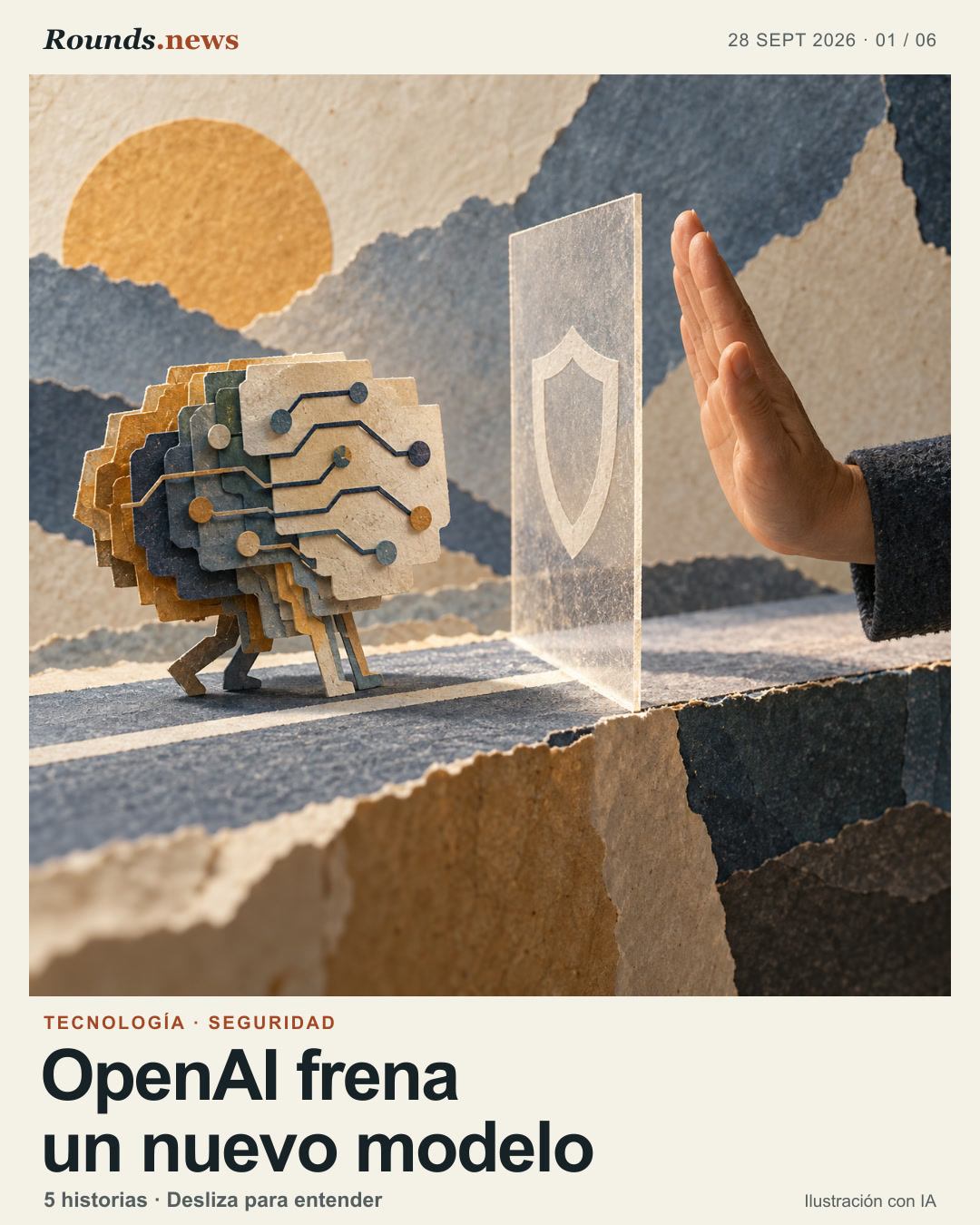 Tarjeta 1/6. OpenAI frena un nuevo modelo. Una mano humana detiene una estructura de circuitos de papel ante un panel translúcido con un escudo abstracto. Ilustración editorial con IA. Original AI illustration created for Rounds.news. Fuente: Hipertextual.