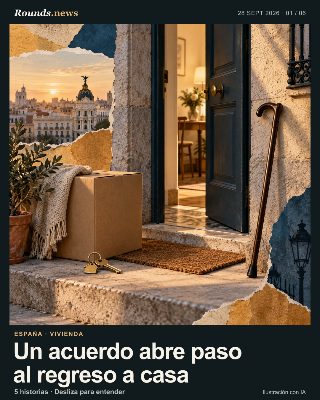 Tarjeta 1/6. Un acuerdo abre paso al regreso a casa. Un umbral de piedra con una puerta entreabierta, una llave, una caja de mudanza y un bastón junto a la entrada. Ilustración editorial con IA. Ilustración original de IA creada para Rounds.news. Fuente: France 24 Español.