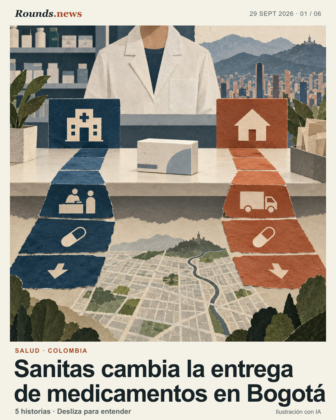 Tarjeta 1/6. Sanitas cambia la entrega de medicamentos en Bogotá. Ilustración conceptual de un mostrador de farmacia con rutas diferenciadas, una caja de medicamentos y una cuadrícula urbana; no es una fotografía ni muestra información médica. Ilustración editorial con IA. Original editorial illustration by Rounds.news, AI-generated. Fuente: Infobae.