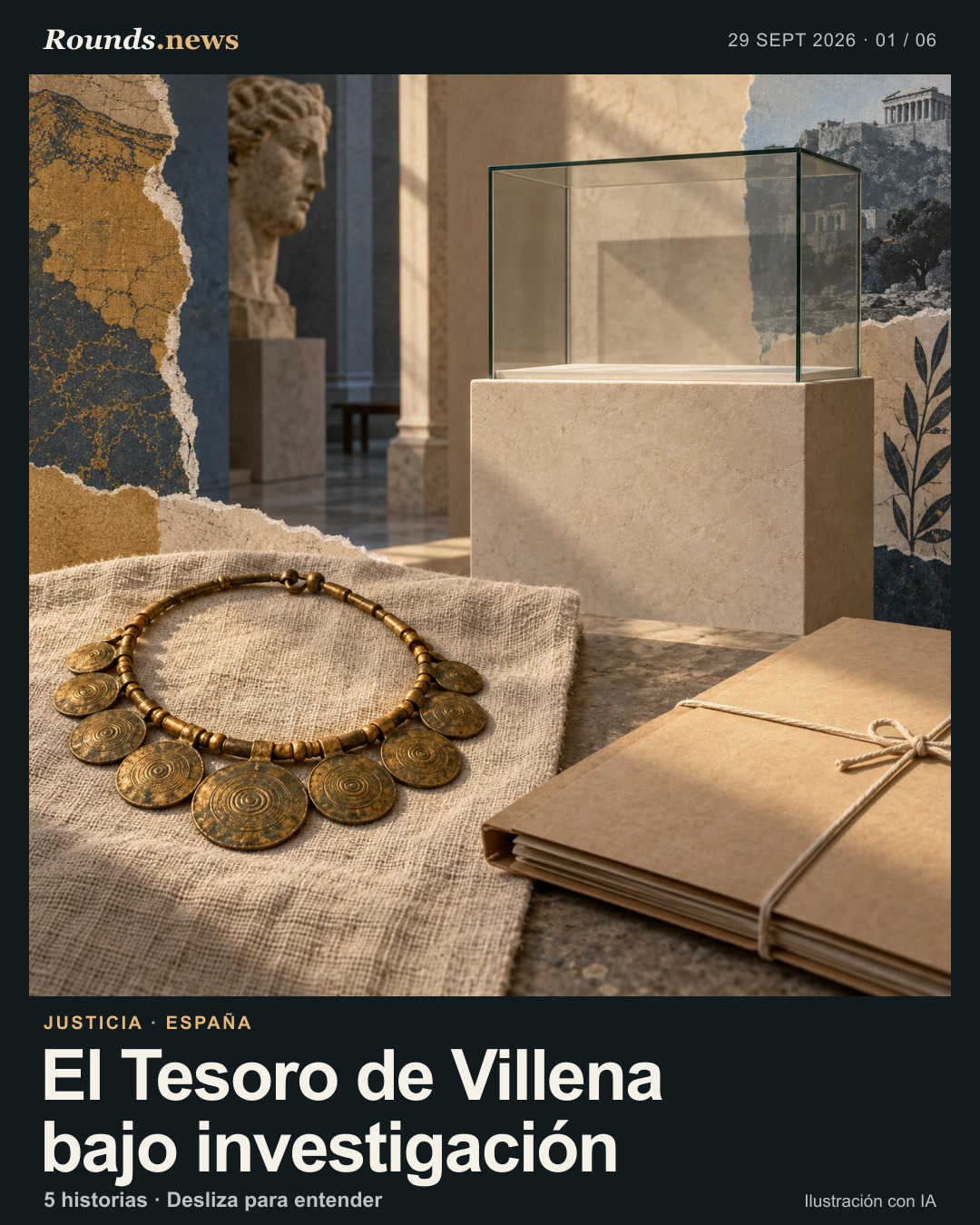 Tarjeta 1/6. El Tesoro de Villena bajo investigación. Ilustración conceptual de una vitrina vacía y un collar de bronce sobre lino, junto a un expediente cerrado; no representa el robo ni atribuye culpabilidad. Ilustración editorial con IA. Ilustración editorial original de Rounds.news, generada con IA. Fuente: Euronews.