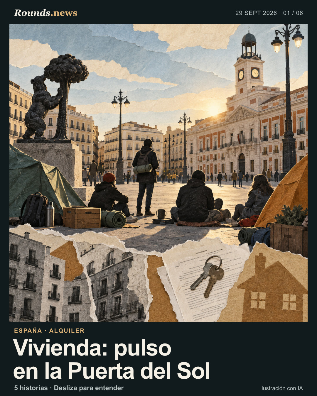 Tarjeta 1/6. Vivienda: pulso en la Puerta del Sol. Ilustración de la Puerta del Sol al atardecer con el Oso y el Madroño, pequeñas figuras no identificables junto a mantas y equipo de acampada, y papeles rasgados que evocan contratos; no hay pancartas ni texto legible. Ilustración editorial con IA. Original Rounds.news-owned AI editorial illustration. Fuente: El Mundo.