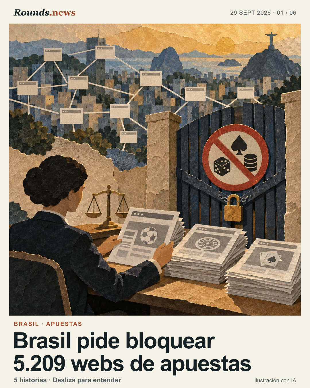 Tarjeta 1/6. Brasil pide bloquear 5.209 webs de apuestas. Collage de una red urbana de sitios abstractos, una mesa de revisión y un acceso cerrado por un símbolo de apuestas prohibidas; es una ilustración conceptual, no un registro de bloqueos ejecutados. Ilustración editorial con IA. Rounds.news; AI-generated editorial illustration. Fuente: Infobae.