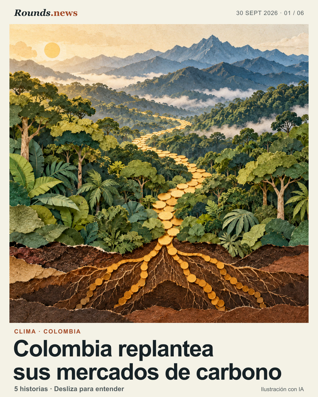 Tarjeta 1/6. Colombia replantea sus mercados de carbono. Collage de bosque y montañas bajo luz cálida; discos color ocre forman una corriente que se divide hacia las raíces de los árboles, metáfora del financiamiento de carbono para conservación. Ilustración editorial con IA. Ilustración editorial creada con IA para Rounds.news; no es una fotografía.. Fuente: Infobae.
