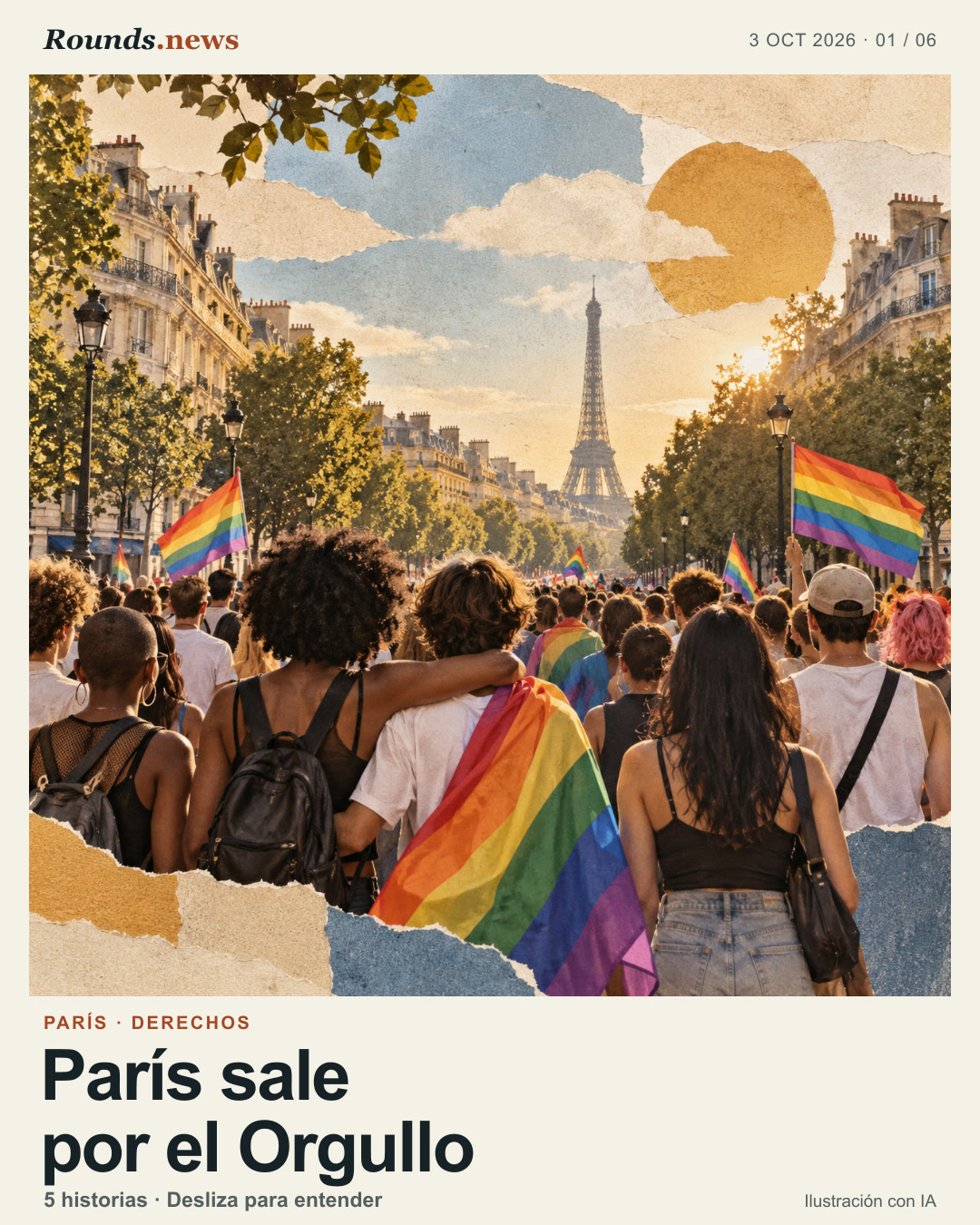 Tarjeta 1/6. París sale por el Orgullo. Multitud diversa marcha con pequeñas banderas arcoíris por un bulevar parisino; la Torre Eiffel aparece al fondo bajo luz cálida. Ilustración editorial con IA. Rounds.news; ilustración editorial generada con IA. Fuente: Euronews.