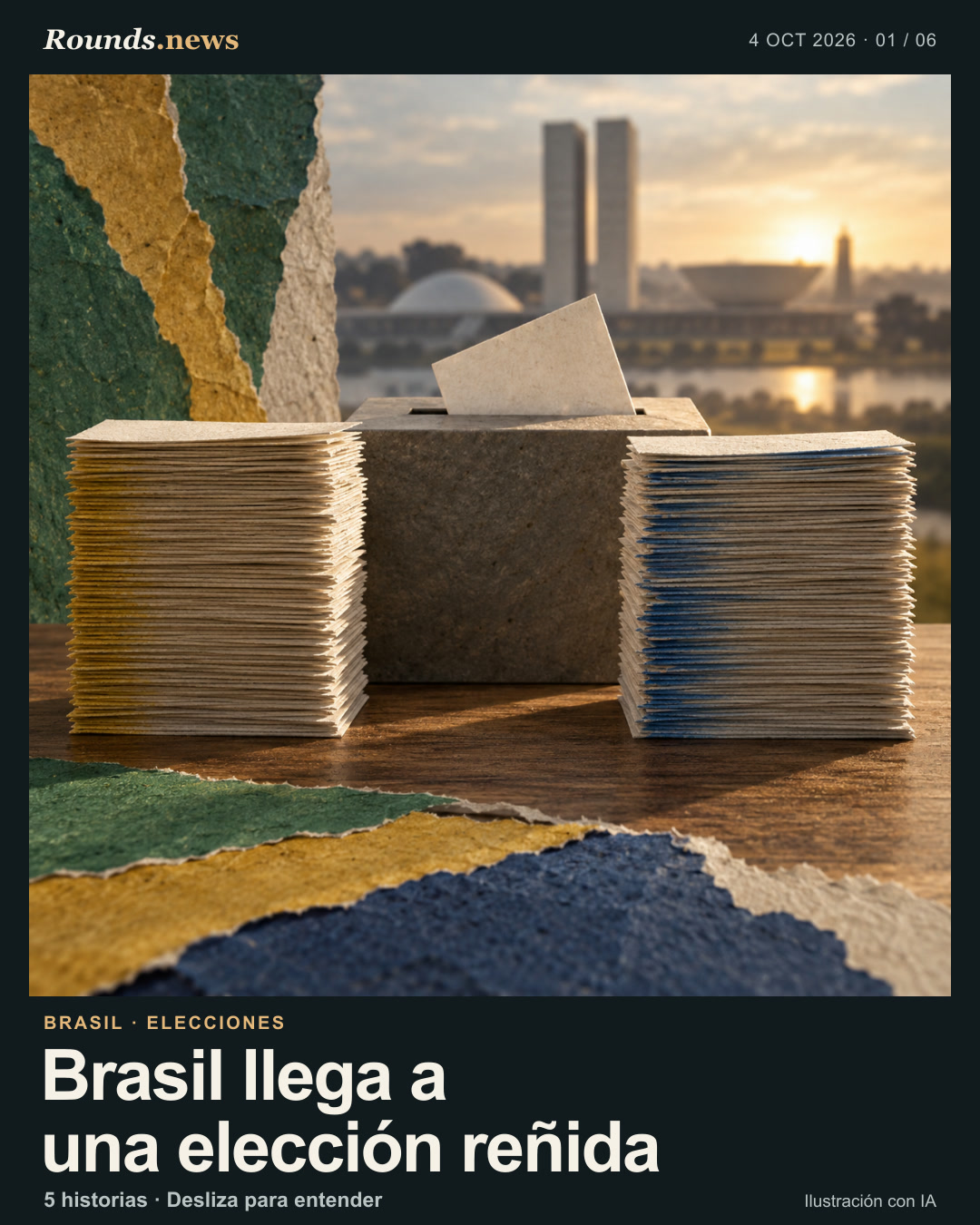Tarjeta 1/6. Brasil llega a una elección reñida. Urna de votación y dos pilas de papeletas casi equilibradas frente a edificios cívicos al atardecer. Ilustración editorial con IA. Rounds.news original AI-generated illustration. Fuente: El País América.
