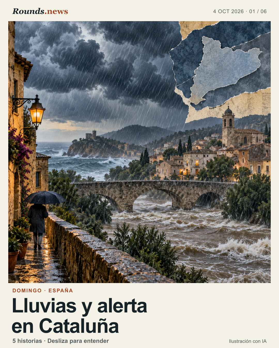 Tarjeta 1/6. Lluvias y alerta en Cataluña. Ilustración editorial de una localidad costera catalana bajo lluvia intensa, con un río crecido bajo un puente de piedra, una persona con paraguas y un contorno de papel evocador de Cataluña; escena conceptual, no fotografía ni representación literal del incidente. Ilustración editorial con IA. Ilustración editorial original de Rounds.news. Fuente: El Mundo.
