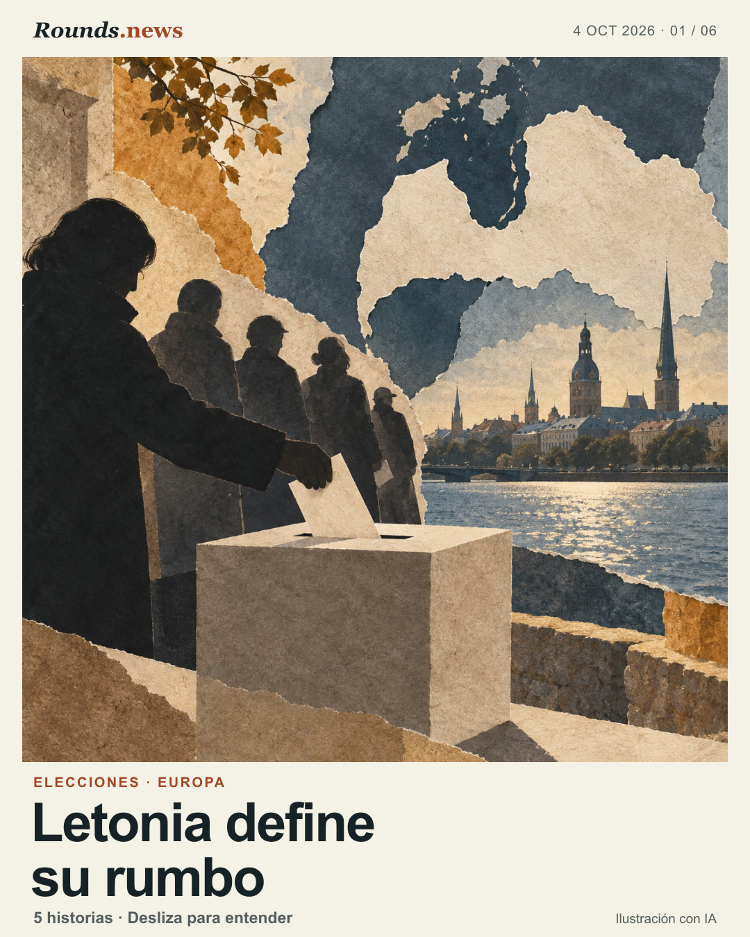 Tarjeta 1/6. Letonia define su rumbo. Ilustración editorial de votantes depositando papeletas, ante una vista abstracta de Riga y el Báltico. Ilustración editorial con IA. Original Rounds.news illustration, generated with AI. Fuente: Euronews.