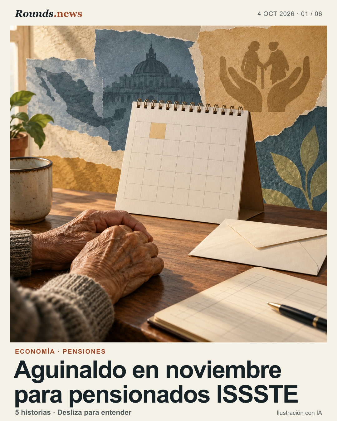 Tarjeta 1/6. Aguinaldo en noviembre para pensionados ISSSTE. Manos de una persona mayor junto a calendario de noviembre sin texto, sobre y cuaderno; el día de pago no está anunciado. Ilustración editorial con IA. Ilustración original de Rounds.news, generada con IA. Fuente: Infobae.