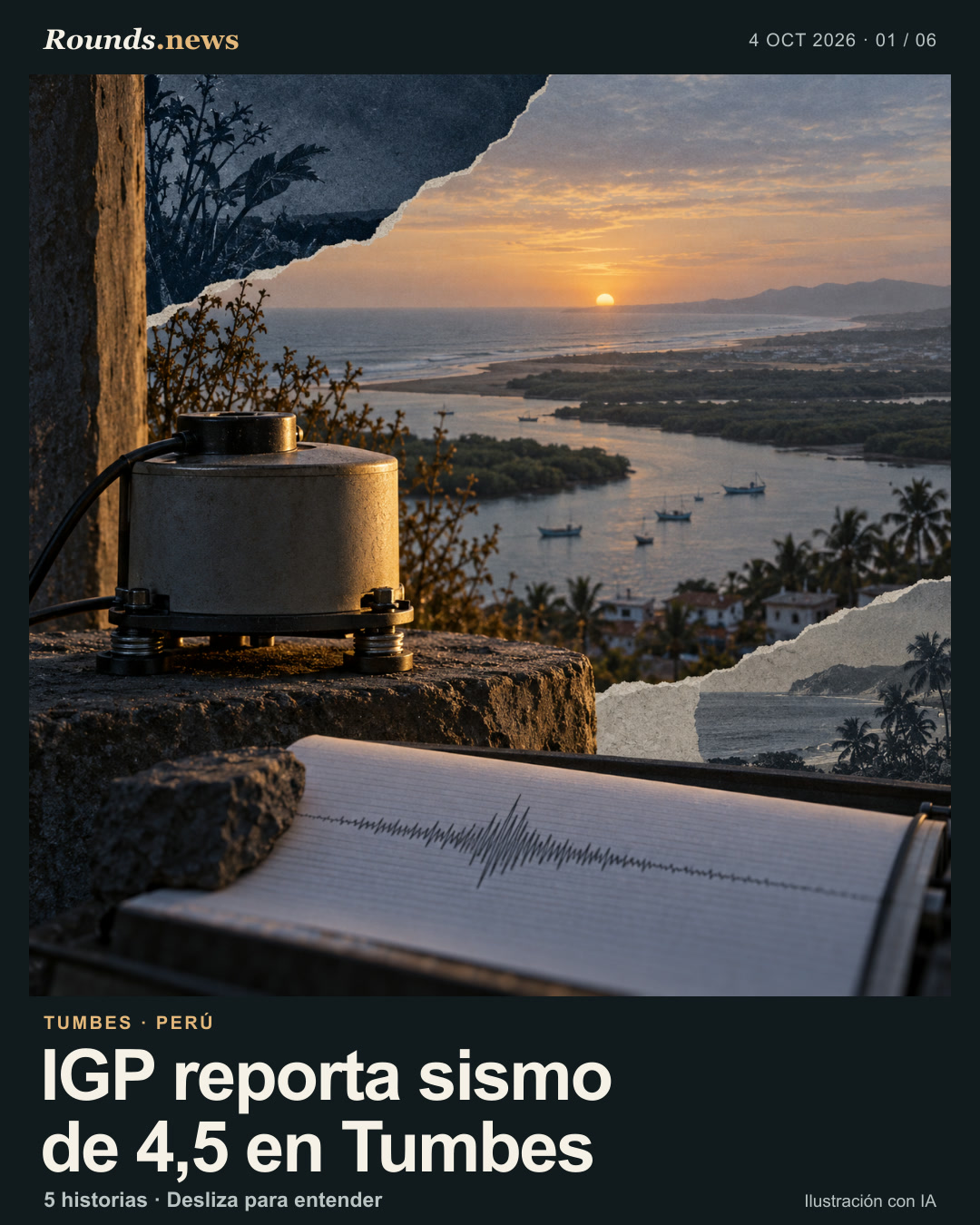 Tarjeta 1/6. IGP reporta sismo de 4,5 en Tumbes. Sismógrafo de papel con una onda dibujada frente a un estuario costero de Tumbes al atardecer. Ilustración editorial con IA. Ilustración original de Rounds.news, generada con IA. Fuente: Infobae.