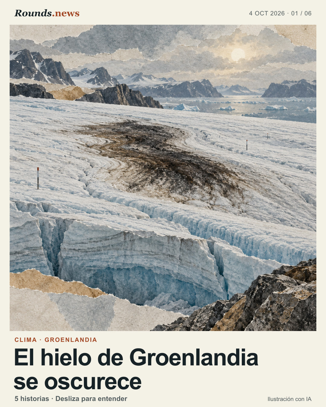 Tarjeta 1/6. El hielo de Groenlandia se oscurece. Vista conceptual del casquete glaciar con una zona superficial oscurecida y pequeñas estacas de medición ante montañas árticas. Ilustración editorial de IA, no imagen documental. Fuente: El Confidencial Tecnología. Ilustración editorial con IA. Ilustración original de Rounds.news, generada con IA. Fuente: El Confidencial Tecnología.