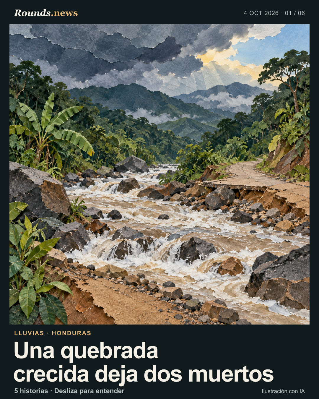 Tarjeta 1/6. Una quebrada crecida deja dos muertos. Una quebrada de montaña crecida atraviesa un sendero entre vegetación tropical; nubes de tormenta se abren sobre el valle. Ilustración editorial con IA. Ilustración editorial original de Rounds.news, generada con IA. Fuente: Infobae.