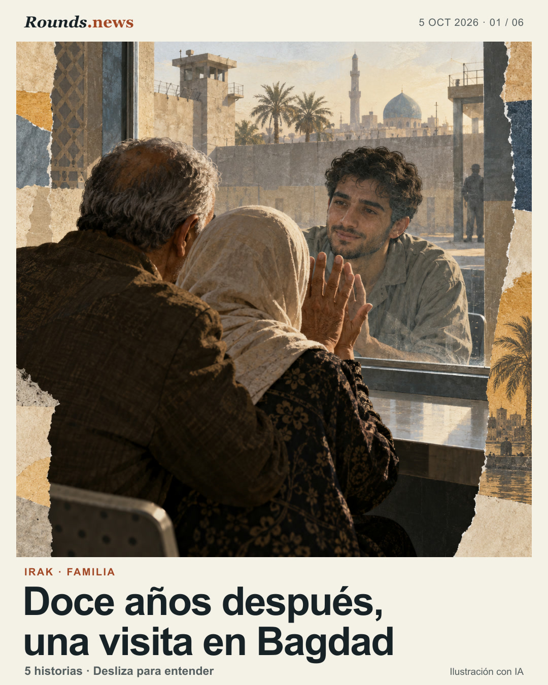 Tarjeta 1/6. Doce años después, una visita en Bagdad. Ilustración conceptual: una pareja visita a su hijo adulto tras un vidrio en una sala de Bagdad; arquitectura urbana al fondo. Ilustración editorial con IA. Ilustración editorial de Rounds.news, generada con IA. Fuente: La Vanguardia.