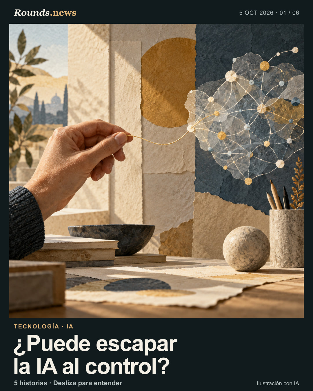 Tarjeta 1/6. ¿Puede escapar la IA al control?. Mano humana sostiene un hilo conectado a una red abstracta de nodos sobre papel texturizado; ilustración conceptual de supervisión humana de la IA. Ilustración editorial con IA. Rounds.news AI-generated editorial illustration. Fuente: Euronews.