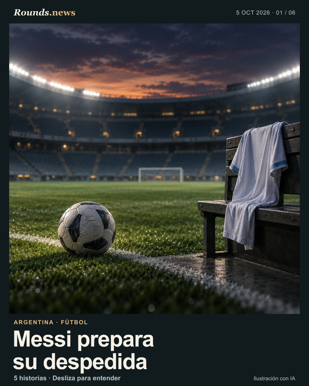 Tarjeta 1/6. Messi prepara su despedida. Un balón y una camiseta sin distintivos en un estadio vacío al anochecer. Ilustración editorial con IA. Ilustración editorial de Rounds.news generada con IA. Fuente: Infobae.