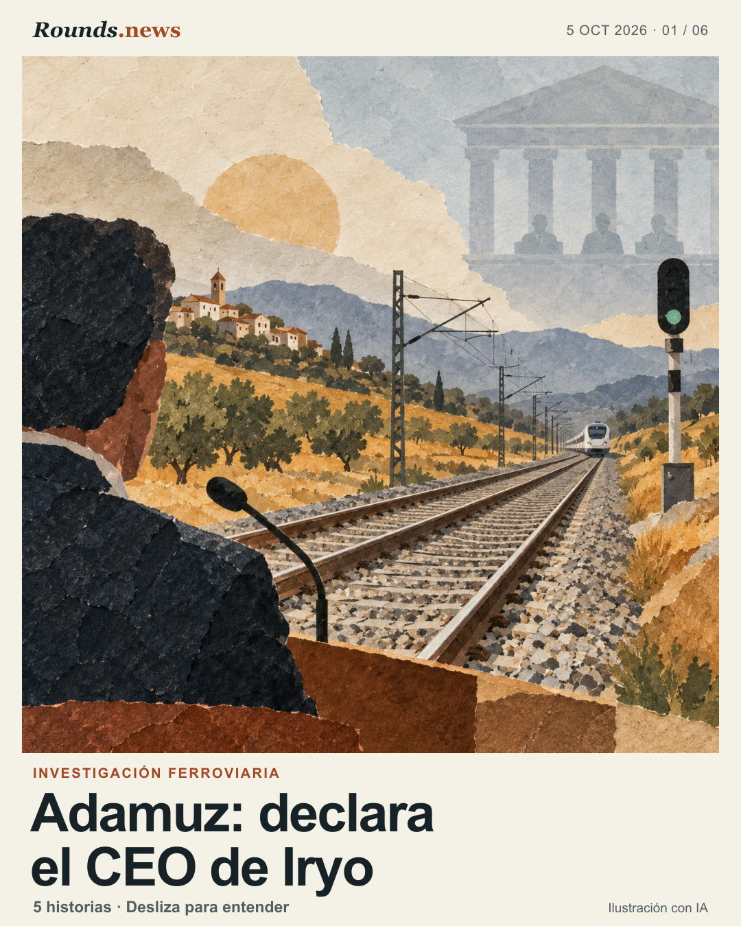 Tarjeta 1/6. Adamuz: declara el CEO de Iryo. Vías de tren de alta velocidad atraviesan un paisaje andaluz hacia un pequeño tren; una señal ferroviaria y columnas institucionales sugieren el debate sobre seguridad e investigación. Ilustración editorial con IA. Ilustración editorial generada con IA para Rounds.news. Fuente: Infobae.