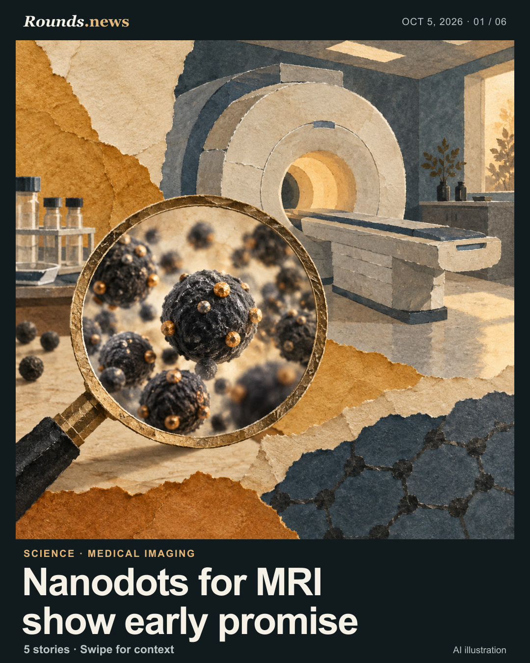 Card 1/6. Nanodots for MRI show early promise. A paper collage shows an MRI scanner and a magnifying lens over dark carbon spheres with small golden manganese flecks. AI editorial illustration. AI-generated editorial illustration for Rounds.news. Source: Phys.org.