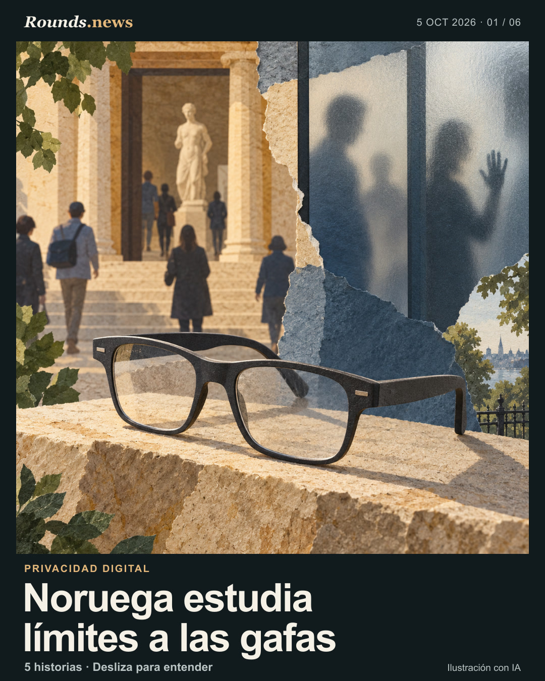 Tarjeta 1/6. Noruega estudia límites a las gafas. Unas gafas inteligentes descansan frente a la entrada de un museo; siluetas anónimas quedan difuminadas tras un vidrio. Ilustración editorial con IA. Ilustración editorial generada por IA para Rounds.news. Fuente: France 24 Español.