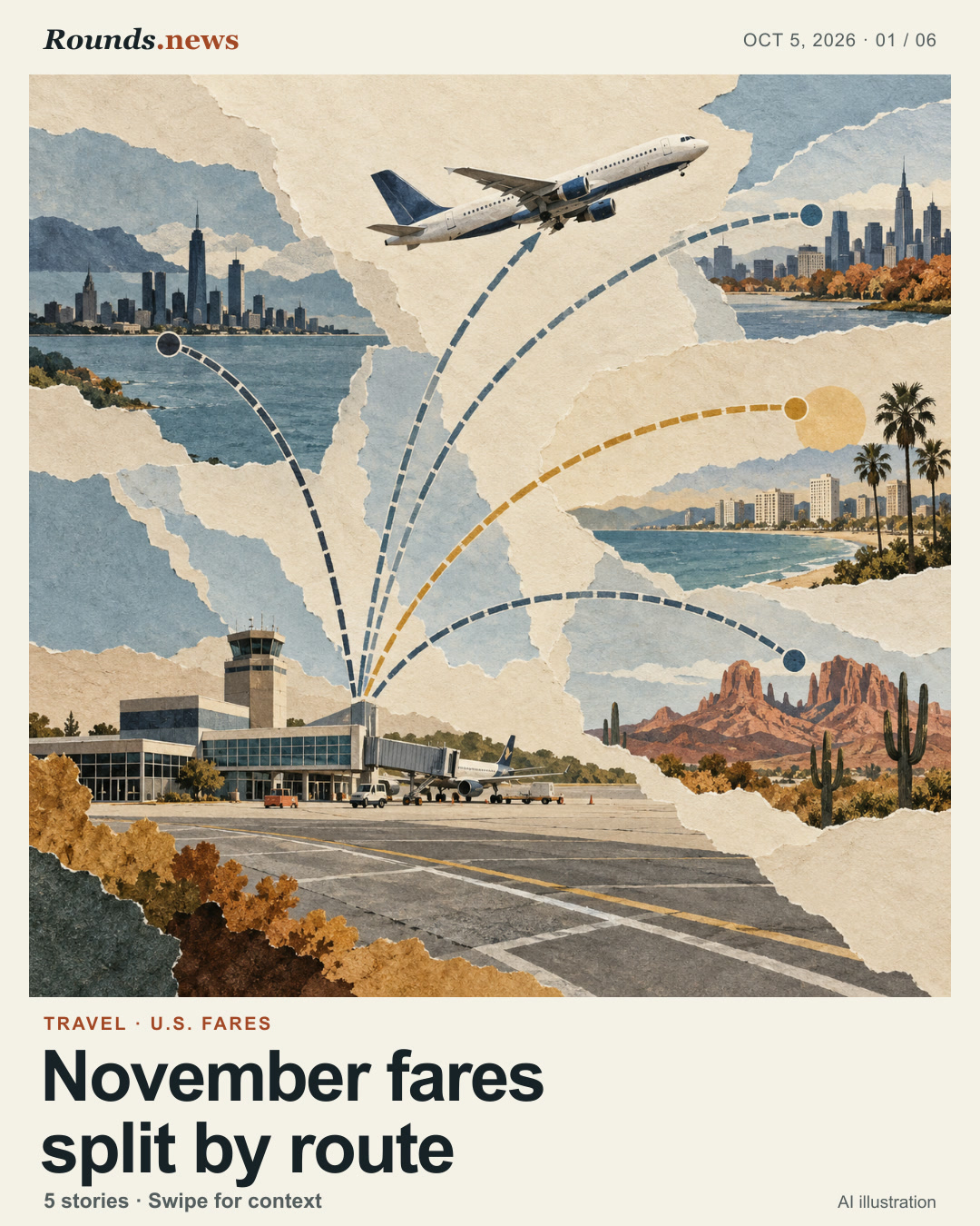 Card 1/6. November fares split by route. A passenger airplane above layered coastlines and airport runways, with abstract route lines branching toward different destinations. AI editorial illustration. AI-generated editorial illustration for Rounds.news. Source: CNBC.