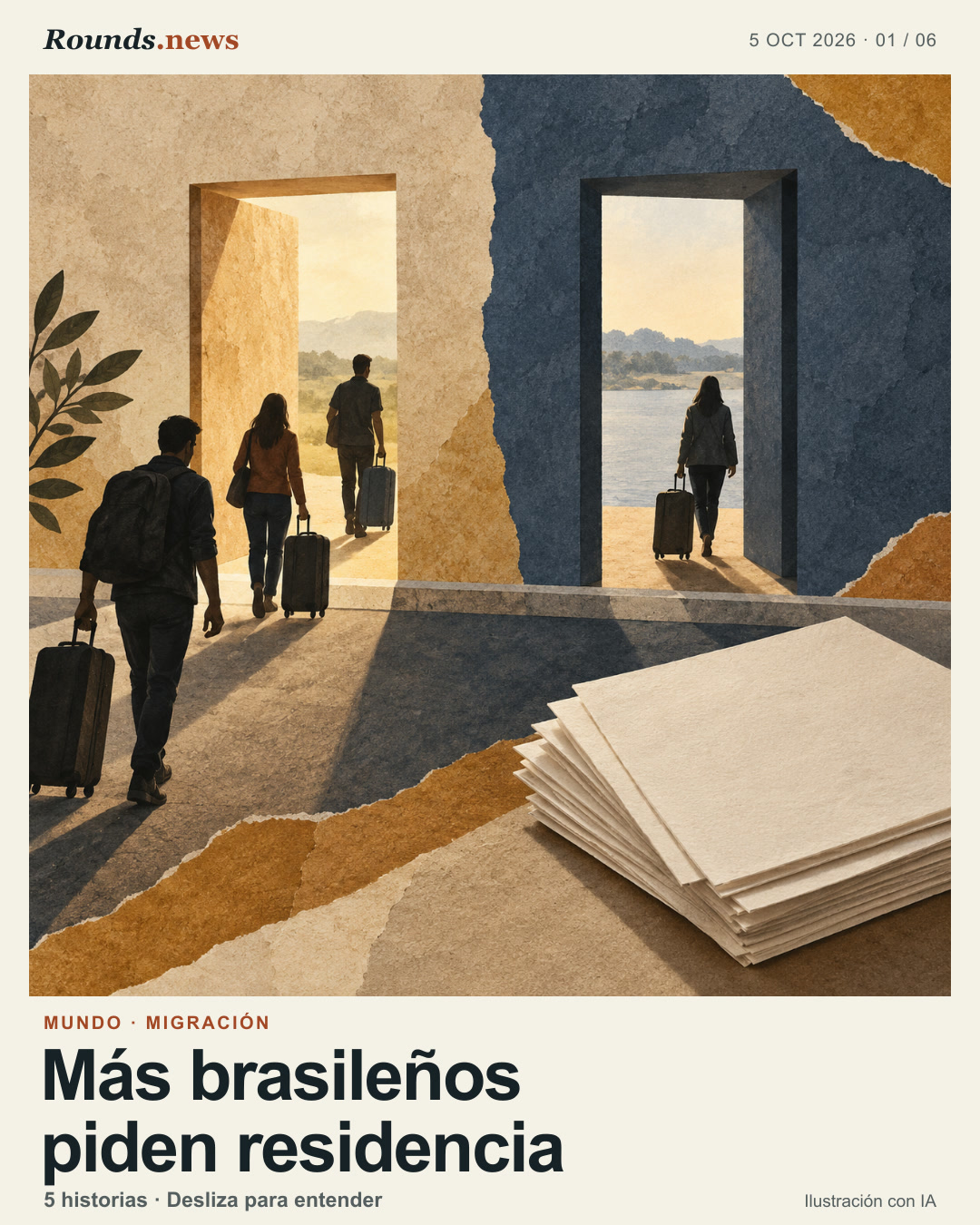 Tarjeta 1/6. Más brasileños piden residencia. Varias personas con maletas cruzan umbrales distintos hacia paisajes abiertos; hay papeles sin marcas en primer plano. Ilustración editorial con IA. Ilustración editorial generada por IA para Rounds.news. Fuente: France 24 Español.