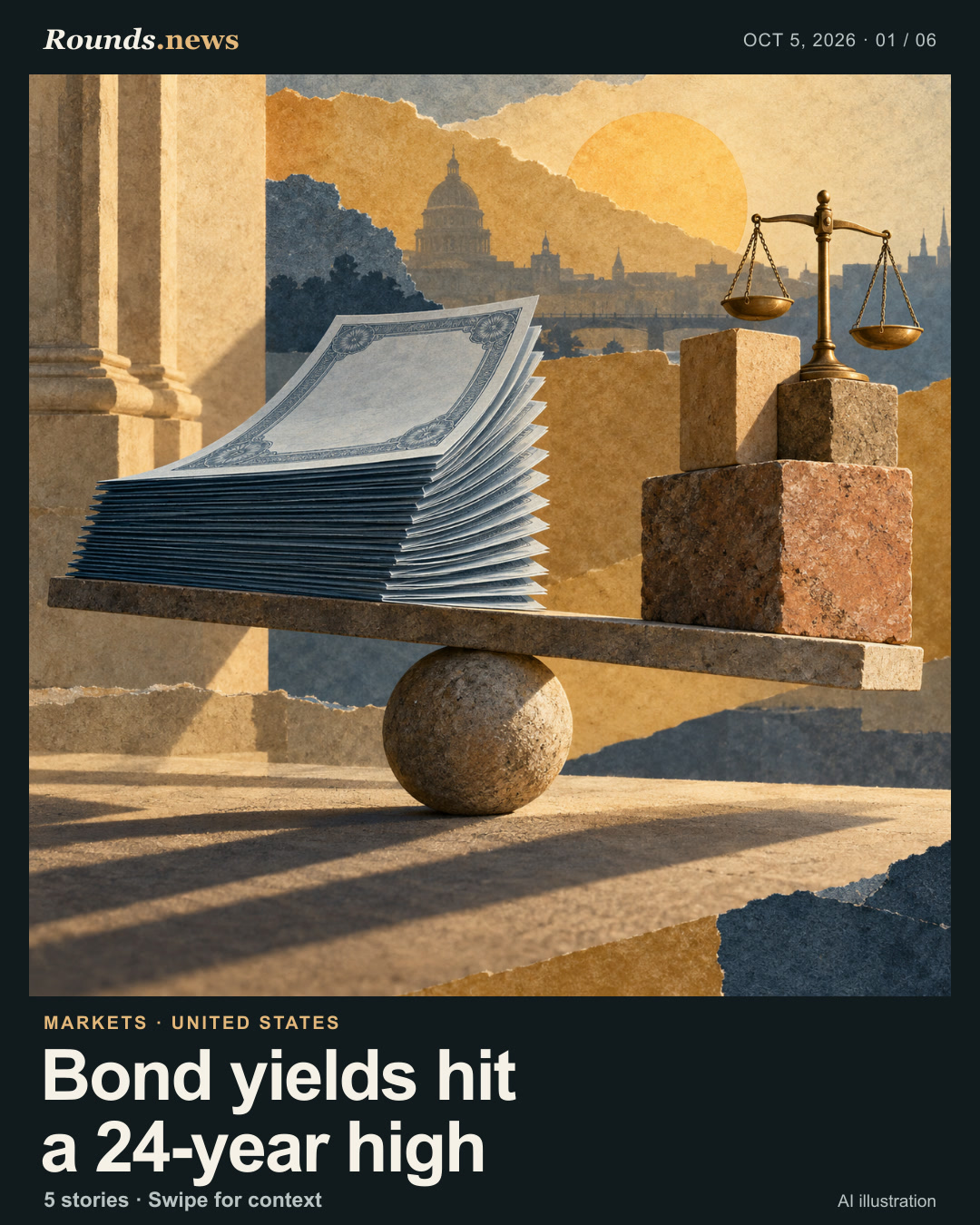 Card 1/6. Bond yields hit a 24-year high. Editorial collage of blank bond papers balanced against warm stone blocks and a brass scale beneath a distant financial-district silhouette. AI editorial illustration. AI-generated editorial illustration for Rounds.news. Source: CNBC.