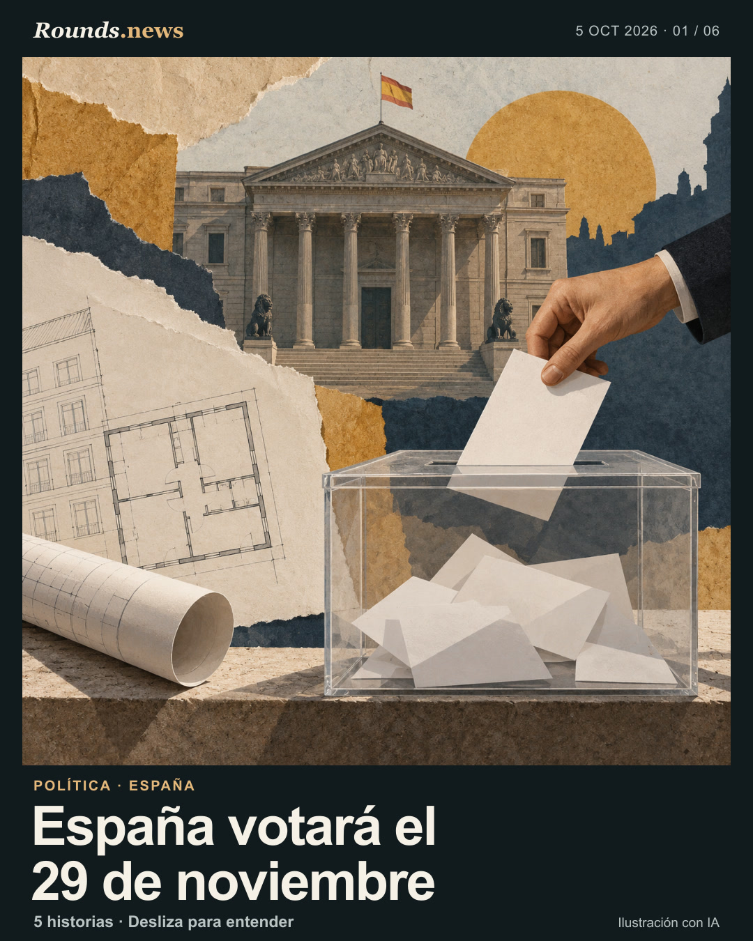 Tarjeta 1/6. España votará el 29 de noviembre. Una mano deposita una papeleta en blanco junto a planos de vivienda y un edificio parlamentario genérico bajo luz ocre. Ilustración editorial con IA. Ilustración editorial generada con IA para Rounds.news. Fuente: France 24 Español.