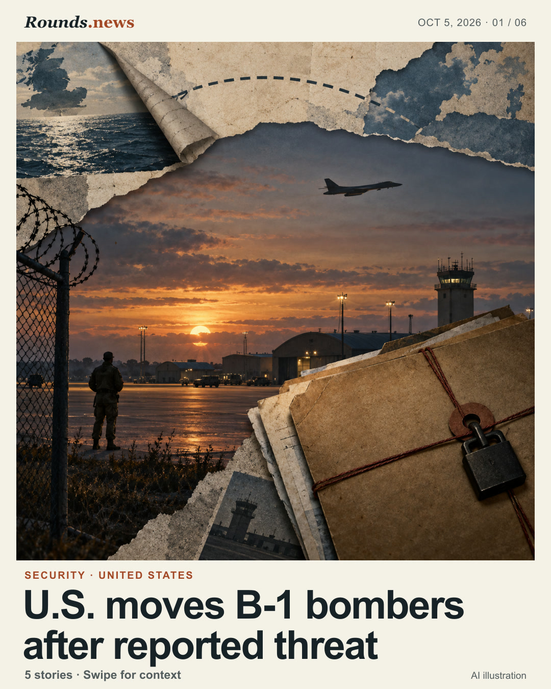Card 1/6. U.S. moves B-1 bombers after reported threat. Conceptual editorial illustration: a distant bomber silhouette above a guarded airfield at sunset, layered paper and a sealed folder; no specific location or identifiable person. AI-generated illustration, not a photograph. AI editorial illustration. AI-generated by OpenAI image generator for Rounds.news. Source: CNBC.