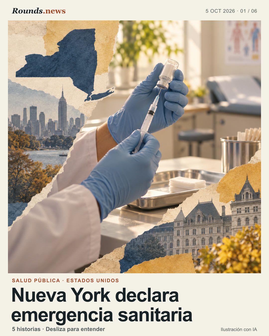 Tarjeta 1/6. Nueva York declara emergencia sanitaria. Ilustración conceptual de manos clínicas con guantes preparando una jeringa sin marca en una consulta luminosa, con el perfil urbano del estado de Nueva York al fondo. Ilustración editorial con IA. AI-generated for Rounds.news by OpenAI image generator. Fuente: Clarín.