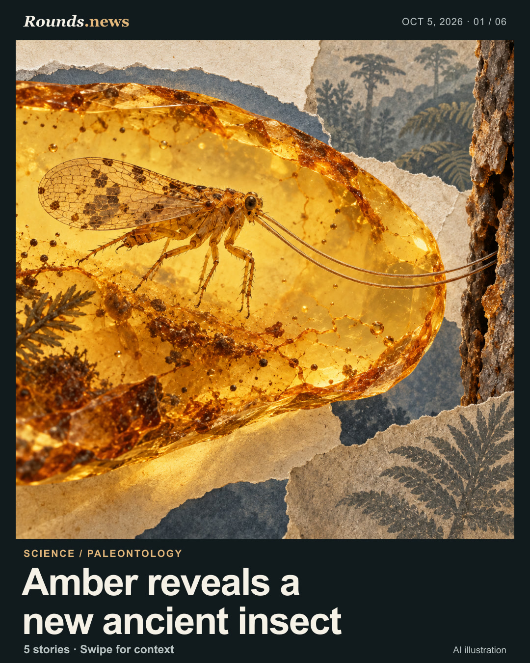 Card 1/6. Amber reveals a new ancient insect. An interpretive amber-colored insect fossil with delicate elongated mouthparts extending toward a bark crevice, against layered stone and slate-blue shadows. AI editorial illustration. Rounds.news, AI-generated illustration. Source: Phys.org.