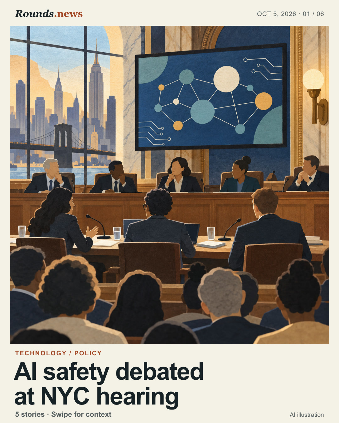 Card 1/6. AI safety debated at NYC hearing. Anonymous researchers and lawmakers at a city hearing face a screen showing an abstract network diagram. AI editorial illustration. Rounds.news, AI-generated editorial illustration. Source: CNBC.
