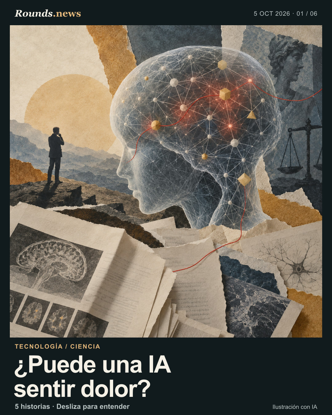 Tarjeta 1/6. ¿Puede una IA sentir dolor?. Malla neuronal abstracta en una silueta translúcida, una línea roja y papeles de investigación bajo luz de piedra cálida; ilustración conceptual de un debate científico sobre patrones de dolor en IA. Ilustración editorial con IA. Rounds.news AI-generated illustration. Fuente: ABC.