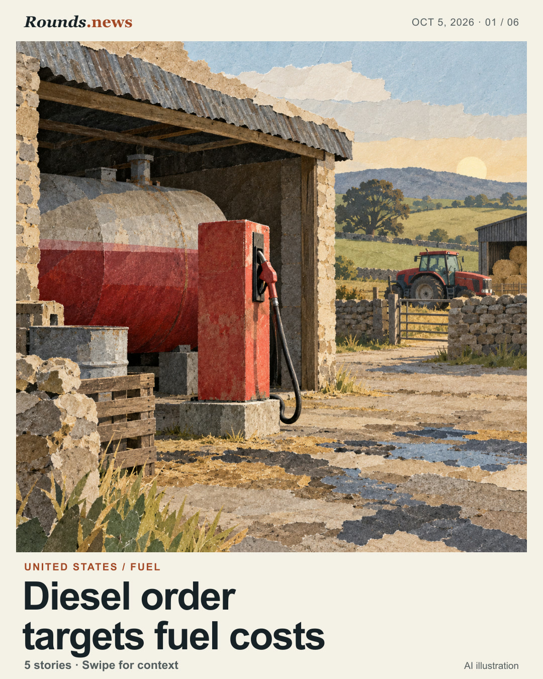 Card 1/6. Diesel order targets fuel costs. Illustrated red diesel pump beside a farm tractor and rural storage shed at sunrise. AI editorial illustration. Rounds.news AI-generated illustration. Source: France 24.